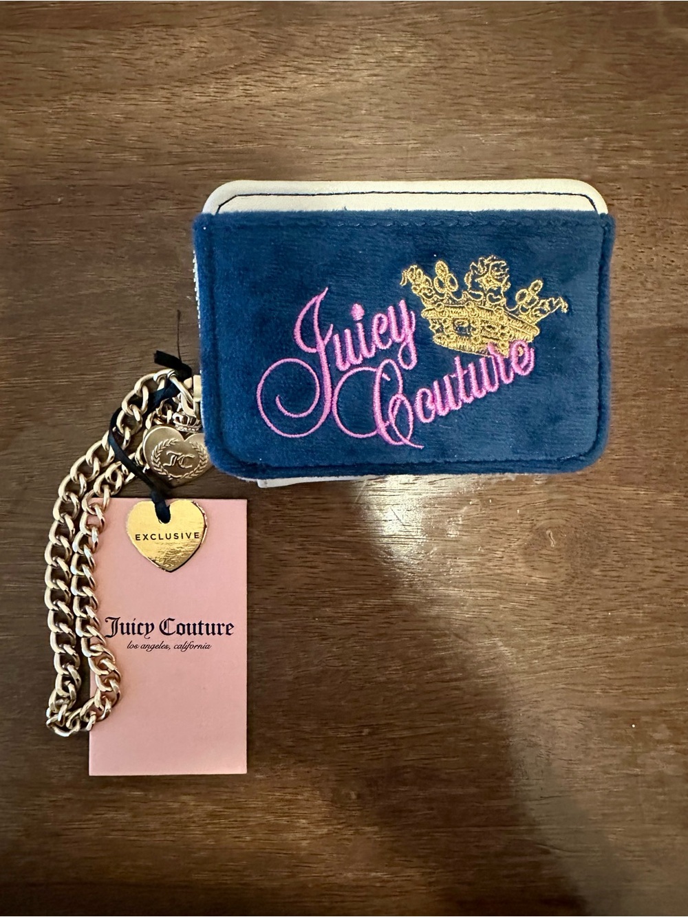 Juicy Couture Navy Plush Card & Key Holder with Pink Script and Gold Crown